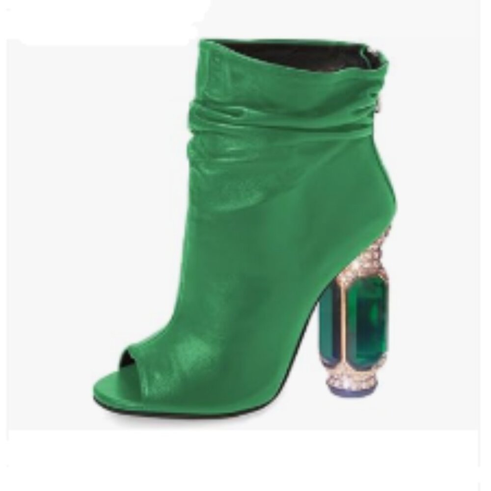 Green Crystal Heel Peep Toe Slouch Ankle Boots Chunky Stacked Heels Party Shoes